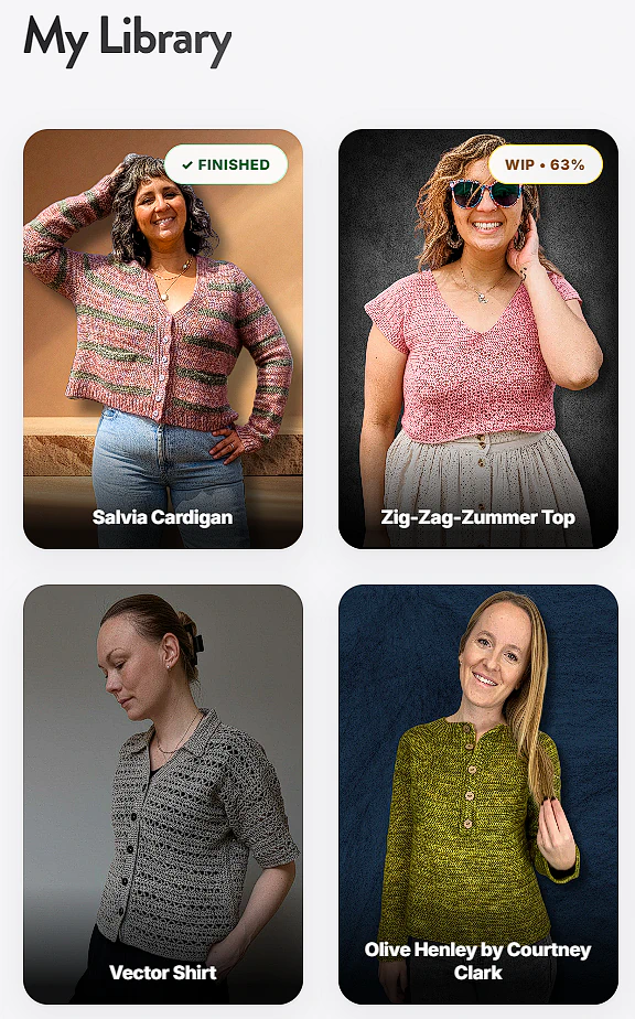 The Plyful library showing saved patterns and uploaded PDFs