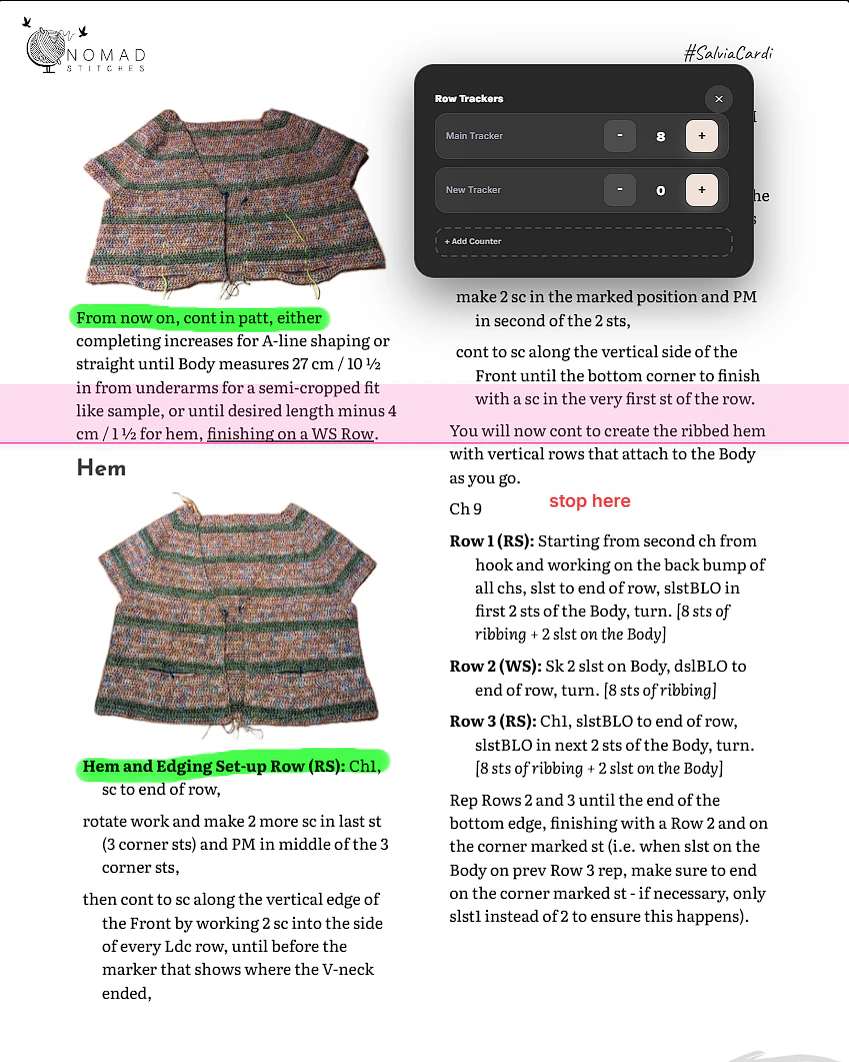 A Plyful pattern open in the reader with highlights and notes